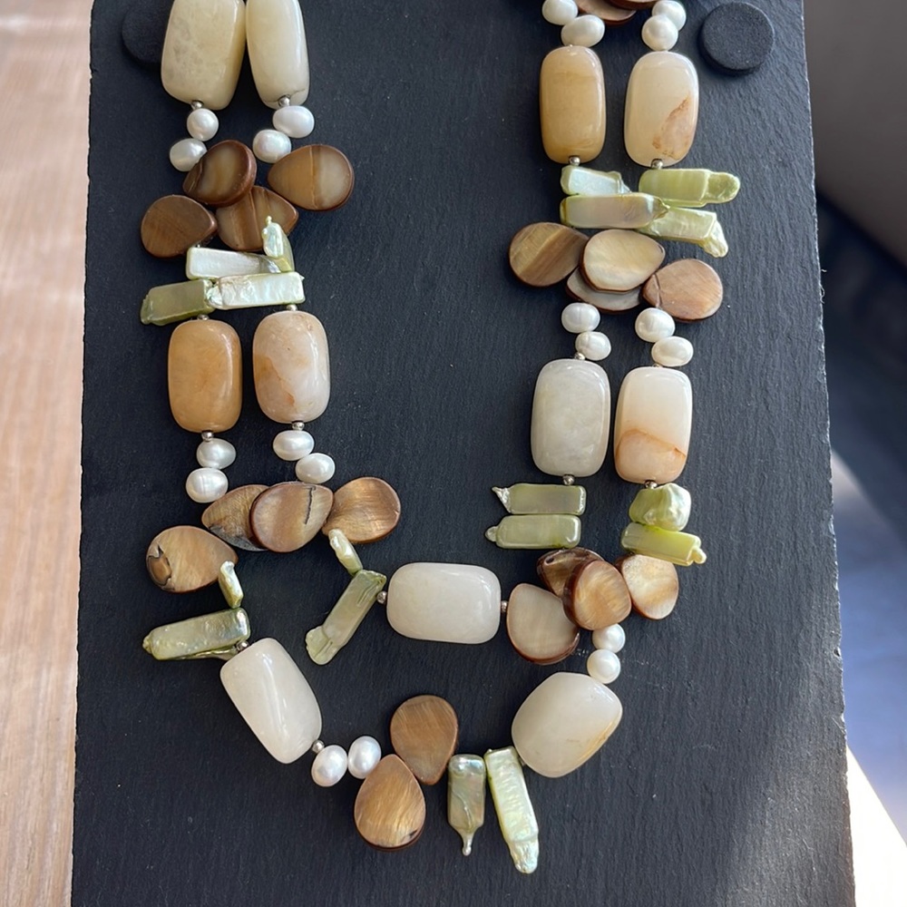 Gorgeous brown, green and white double strand necklace